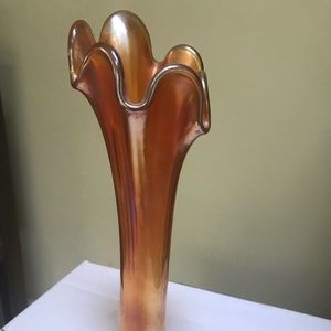 BURNT ORANGE CARNIVAL GLASS TALL FLUTE VASE